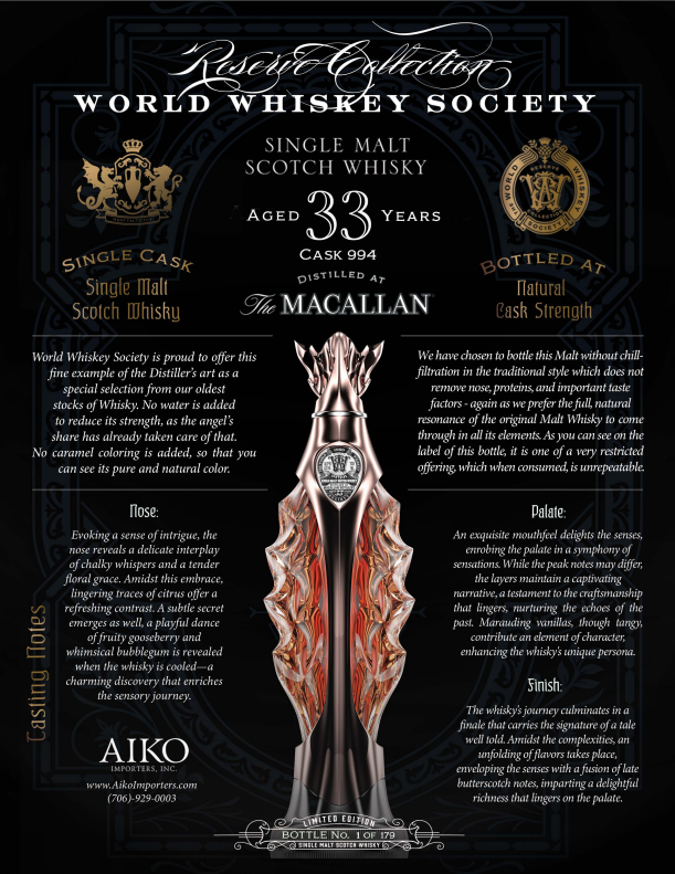 World Whiskey Society Single Malt Whisky -33 yo, distilled at the Macallan Distillery